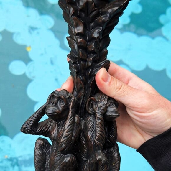 Unique 3 Monkeys Hear, Speak, See No Evil Under Palm Tree Pillar Candle Holder - Picture 5 of 7